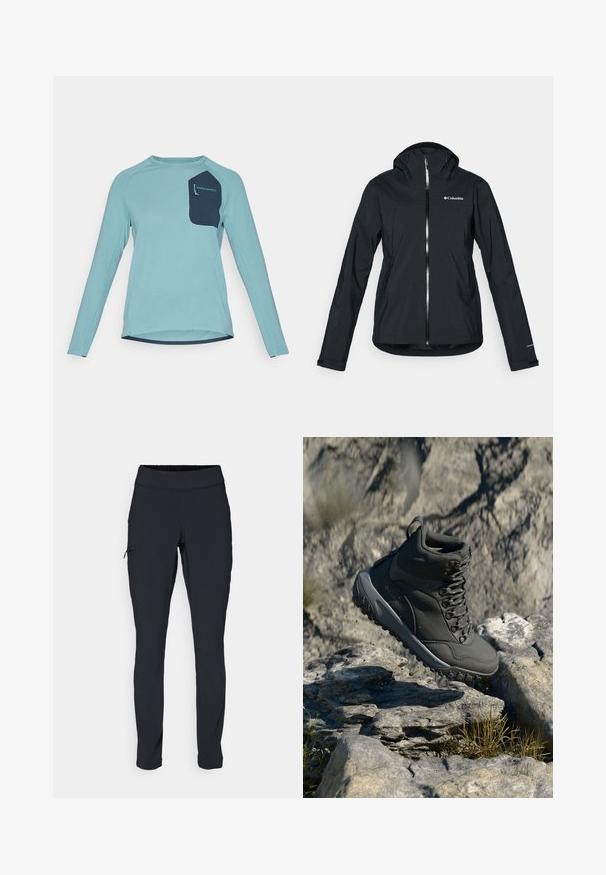 Giacca nera impermeabile con zip full-length, cappuccio integrato e dettagli riflettenti. Tessuto liscio, design minimale, con logo Columbia.; Camicia a maniche lunghe in tessuto texturizzato blu chiaro. Presenta una tasca blu navy con marchio. Girocollo e design con orlo curvo.; Pantaloni sportivi neri con vestibilità aderente, vita elastica e una tasca laterale con zip. Tessuto liscio e elasticizzato con cuciture minime.; Stivale da trekking grigio scuro realizzato in materiale sintetico, con colletto imbottito, occhielli in metallo e suola in gomma testurizzata per una migliore aderenza.