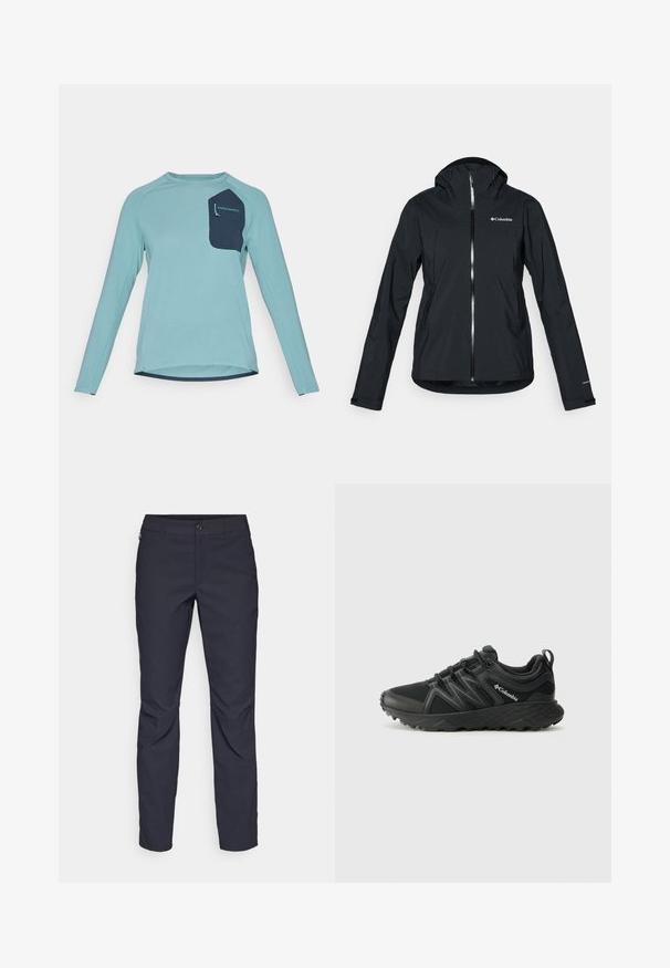 Zwarte waterdichte jas met een volledige rits, aangehechte capuchon en reflecterende accenten. Gladde textuur, minimalistisch ontwerp met het Columbia-logo.; Langsleeve shirt van lichtblauwe textuurstof. Beschikt over een marineblauwe pocket met branding. Ronde halslijn en ontwerp met afgeronde zoom.; Navyblauwe broek van gladde stof, met een sluiting aan de voorkant met een knoop, slim-fit ontwerp en geplooide details bij de knieën.; Columbia PEAKFREAK - Outdoorschoenen - black