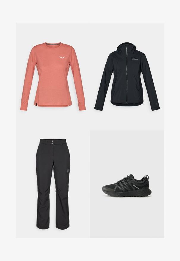 Black waterproof jacket with a full zipper, attached hood, and reflective accents. Smooth texture, minimal design, featuring the Columbia logo.; Long-sleeve, light coral shirt made of soft fabric, featuring a round neckline and a small white logo on the chest. Side slits at the hem.; Black outdoor pants with a straight cut, featuring a button closure, zippered side pockets, and a logo patch on the left thigh.; Columbia PEAKFREAK - Hiking shoes - black
