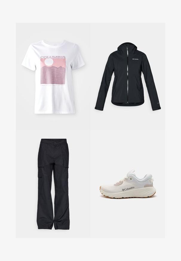 Čierna nepremokavá bunda s plným zipsom, pripevnenou kapucňou a reflexnými akcentmi. Hladká textúra, minimalistický dizajn s logom Columbia.; Biela bavlnená tričko s ružovou grafikou hory, slnkom a textom "COLUMBIA" a "ALWAYS OUTSIDE | PACIFIC NORTHWEST."; Columbia BREA FALLS™ COTTON RIPSTOP PANT - Outdoorové nohavice - black; Ľahká športová obuv Columbia v bielej sieťovine s textúrovanou šedou podrážkou a gumovou trakciou. Obsahuje polstrovaný golier a dizajn na šnurovanie.
