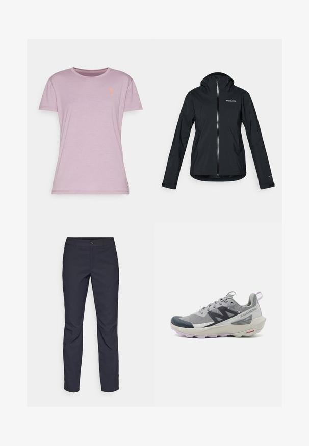 Juodas vandeniui atsparus švarkas su pilna užtrauktuko sistema, pritvirtinta kapišonu ir atspindinčiomis detalėmis. Lygi tekstūra, minimalus dizainas, su "Columbia" logotipu.; Šviesiai violetinė marškinėliai su trumpomis rankovėmis, apvaliu kaklu ir oranžiniu gėlės emblemą ant krūtinės. Minkšta, lygi medžiagos tekstūra.; Tamsiai mėlynos kelnės, pagamintos iš lygaus audinio, su priekiniais mygtukais, lieknos silueto ir raukšlėmis ant kelių.; Salomon bėgimo batai pilkos ir tamsiai mėlynos spalvos su kvėpuojančia tinklelio viršune, gumine pirštų apsauga ir tekstūruotu padu su levandų akcentais.