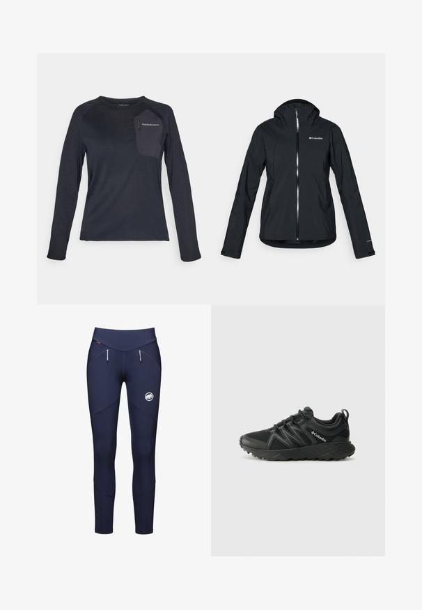 Giacca nera impermeabile con zip full-length, cappuccio integrato e dettagli riflettenti. Tessuto liscio, design minimale, con logo Columbia.; Camicia tecnica a maniche lunghe di un blu navy scuro, con un corpo testurizzato, tasca in tessuto a contrasto e logo Peak Performance sul petto.; Leggings sportivi blu navy con vita alta, tasche con zip e logo sul polpaccio. Tessuto liscio ed elastico con dettagli delle cuciture.; Columbia PEAKFREAK - Scarpa da hiking - black