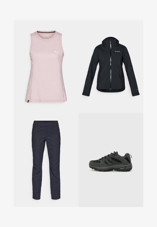Čierna nepremokavá bunda s plným zipsom, pripevnenou kapucňou a reflexnými akcentmi. Hladká textúra, minimalistický dizajn s logom Columbia.; Ružový bezrukávový športový top vyrobený z mäkkej tkaniny, s jemným logom a spevnenými stehy pozdĺž okrajov.; Námornícke modré nohavice z hladkej tkaniny, s predným zapínaním na gombík, slim-fit strihom a prešívaním v oblasti kolien.; Columbia REDMOND - Turistické topánky - black/citron haze