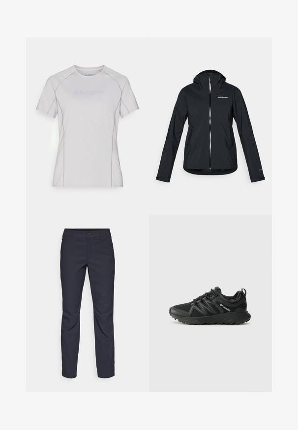 Chaqueta negra impermeable con cremallera completa, capucha adjunta y detalles reflectantes. Textura suave, diseño minimalista, con el logo de Columbia.; Camisa de manga corta gris claro con cuello redondo, que presenta detalles morados y el logo 'MAMMUT' en la parte frontal. Tejido suave y liso.; Pantalones azul marino de tela suave, que presentan un cierre delantero con botón, un diseño ajustado y detalles con pliegues en las rodillas.; Columbia PEAKFREAK - Zapatillas de senderismo - black