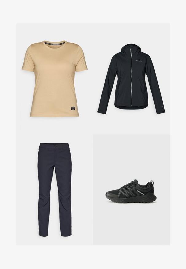 Veste noire imperméable avec une fermeture éclair intégrale, capuche attachée et accents réfléchissants. Texture lisse, design minimaliste, arborant le logo Columbia.; Salewa EAGLE LOGO PATCH - T-shirt basique - quicksand; Pantalons bleu marine en tissu lisse, dotés d'une fermeture par bouton à l'avant, d'un design ajusté et de détails pliés au niveau des genoux.; Columbia PEAKFREAK - Chaussures de marche - black