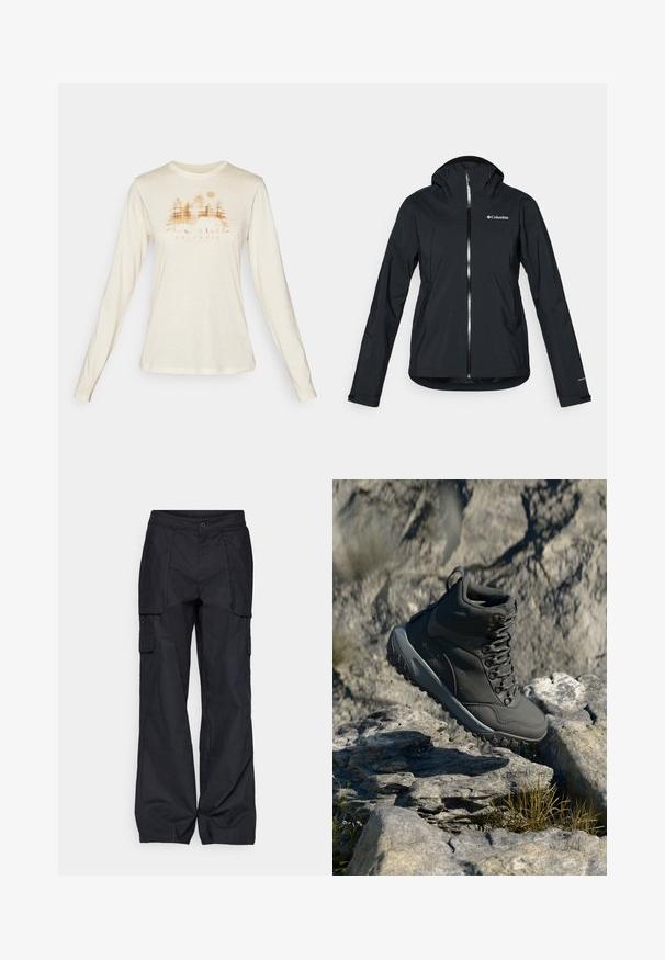 Mustang must-haves vettisooja, täispikk tõmblukk, kinnitatud kapuuts ja peegeldavad aktsendid. Sile tekstuur, minimaalne disain, millel on Columbia logo.; Columbia HIDDEN HAVEN™ LS TEE - Pikkade varrukatega topp - chalk/treehome omblur; Columbia BREA FALLS™ COTTON RIPSTOP PANT - Õuepüksid - black; Tumehallid matkajalatsid, mis on valmistatud sünteetilisest materjalist, omavad pehmendatud kaelaosa, metallist silmuseid ja tekstuurset kummist tallat, mis tagab haarduvuse.