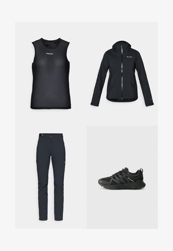 Jachetă neagră, impermeabilă, cu fermoar complet, glugă atașată și accente reflective. Textură netedă, design minimal, ce prezintă logo-ul Columbia.; Top fără mâneci din plasă neagră, cu guler rotund, având un design respirabil și un logo GripGrab pe față. Aspect texturat.; Pantaloni de exterior pentru bărbați, gri închis, fabricați dintr-un material flexibil, cu un brâu, buzunare cu fermoar și cusături consolidate.; Columbia PEAKFREAK - Pantofi drumeție - black