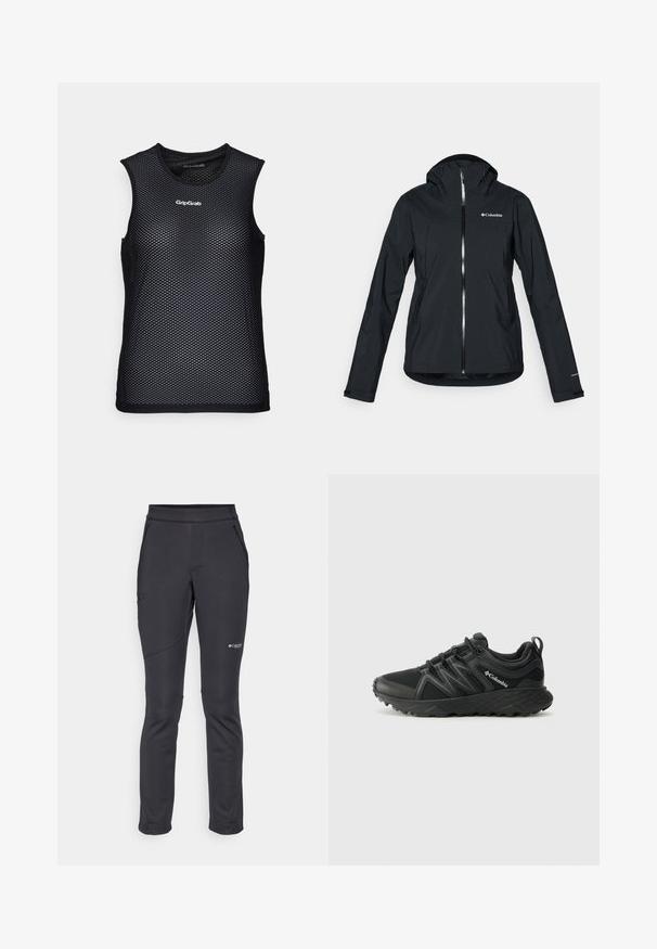 Mustang must-haves vettisooja, täispikk tõmblukk, kinnitatud kapuuts ja peegeldavad aktsendid. Sile tekstuur, minimaalne disain, millel on Columbia logo.; Mustmustrits ja ilmaaukudega must särk ümmarguse kaelusega, mis on valmistatud hingavast materjalist ja mille esiküljel on GripGrab logo. Tekstuuriline välimus.; Mustad pehmed softshell püksid, millel on kitsas lõige, elastne vöökoht, külgmised tõmblukuga taskud ja õmmeldud detailid jalgadel vastupidavuse tagamiseks.; Columbia PEAKFREAK - Matkajalatsid - black
