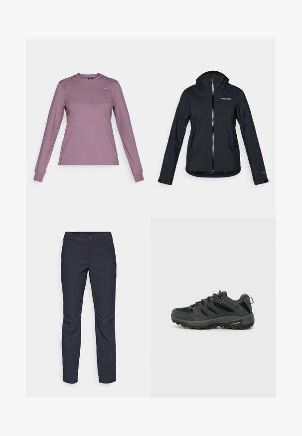 Svart vanntett jakke med full glidelås, festet hette og refleksdetaljer. Glatt tekstur, minimalistisk design med Columbia-logo.; Langermet skjorte i dempet lavendel. Laget av myk stoff med rund hals, med en liten blå logo på brystet og tettsittende ermer.; Marineblå bukser laget av glatt stoff, med frontknappelukking, slim-fit design og pressede detaljer ved knærne.; Columbia REDMOND - Fjellsko - black/citron haze