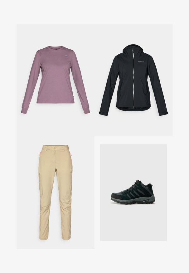 Mustat vedenpitävät takki, jossa on täysipitkä vetoketju, irrotettava huppu ja heijastavat yksityiskohdat. Tasainen pinta, minimalistinen muotoilu, jossa on Columbia-logo.; Pitkähihaisessa paidassa on hillitty laventelinvärinen sävy. Se on valmistettu pehmeästä kankaasta, jossa on pyöreä kaula-aukko, ja jossa on pieni sininen logo rinnassa sekä istuvat hihansuut.; Beige ulkoiluhousut, joissa on sileä pinta, oranssi vetoketjullinen tasku, kapea istuvuus ja pieni valkoinen logo edessä.; Columbia REDMOND - Vaelluskengät - black/citron haze