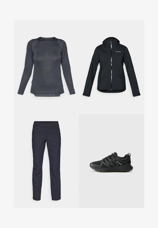 Juodas vandeniui atsparus švarkas su pilna užtrauktuko sistema, pritvirtinta kapišonu ir atspindinčiomis detalėmis. Lygi tekstūra, minimalus dizainas, su "Columbia" logotipu.; Ilgomis rankovėmis sportinis marškinėliai tamsiai pilkos spalvos audinys su tekstūruotu raštu, apvaliu iškirpimu ir šoninėmis skeltomis, kad būtų geresnis judėjimas.; Tamsiai mėlynos kelnės, pagamintos iš lygaus audinio, su priekiniais mygtukais, lieknos silueto ir raukšlėmis ant kelių.; Columbia PEAKFREAK - Turistiniai batai - black