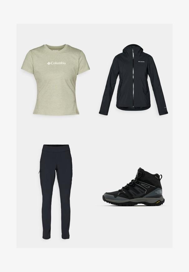 Svart vanntett jakke med full glidelås, festet hette og refleksdetaljer. Glatt tekstur, minimalistisk design med Columbia-logo.; Lysegrønn kortermet t-skjorte laget av ribbet stoff, med en hvit "Columbia"-logo på fronten. Enkel rund hals.; Svarte joggebukser med slim fit, elastisk midjebånd og en sidelomme med glidelås. Glatt, elastisk stoff med minimalt med sømmer.; Mellomhøy tursko i svart og grått. Har en teksturert overdel, forsterket tå og Vibram såle for bedre grep. Lett design.