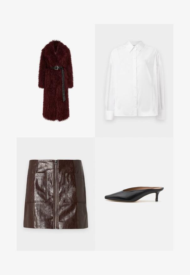 Manteau en fausse fourrure bourgogne avec un décolleté en V profond, des manches longues et une taille ceinturée en cuir noir. Présente une texture moelleuse et une longueur mi-mollet.; Chemise blanche à manches longues, en mélange de coton lisse. Présente un col classique, une fermeture à boutons sur le devant et des poignets arrondis.; Mini-jupe en simili cuir marron avec une fermeture éclair à l'avant, deux grandes poches avant et une texture lisse et brillante.; Mules en cuir noir avec un bout pointu et un petit talon carré. Texture lisse avec un design épuré. Dos ouvert avec un minimum de détails.