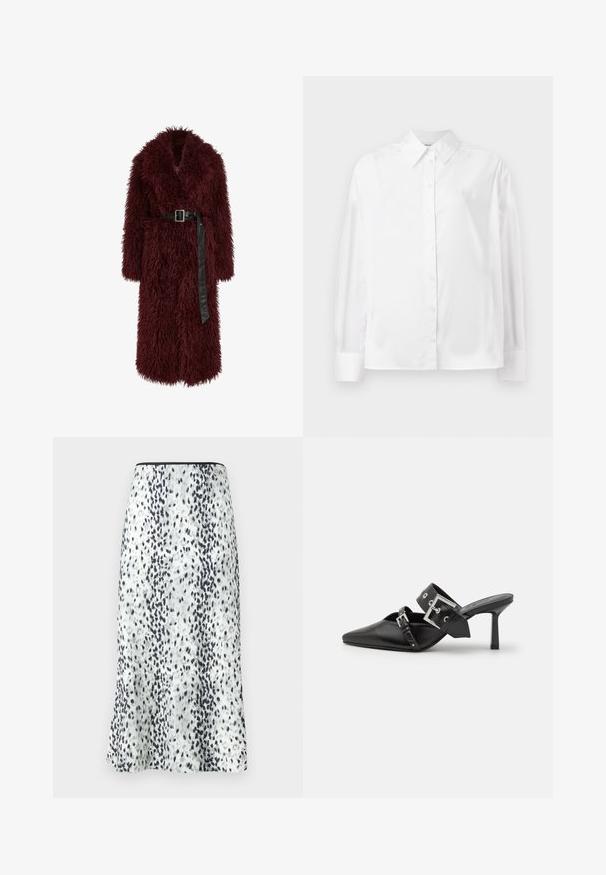 Bordeaux faux fur frakke med dyb V-hals, lange ærmer og en bæltet talje i sort læder. Har en fluffy tekstur og i midt-calf længde.; Hvid langærmet skjorte med knapper i en blød bomuldsblanding. Har en klassisk krave, frontlukning med knapper og rundede manchetter.; En knælang nederdel med hvidt stof og et sort og gråt spraglet mønster, afsluttet med en enkel talje og et lille logo.; Sorte højhælede mules med spids tå, lavet af glat læder. Har et bredt ankelrem med en firkantet sølv spænde og nitter.