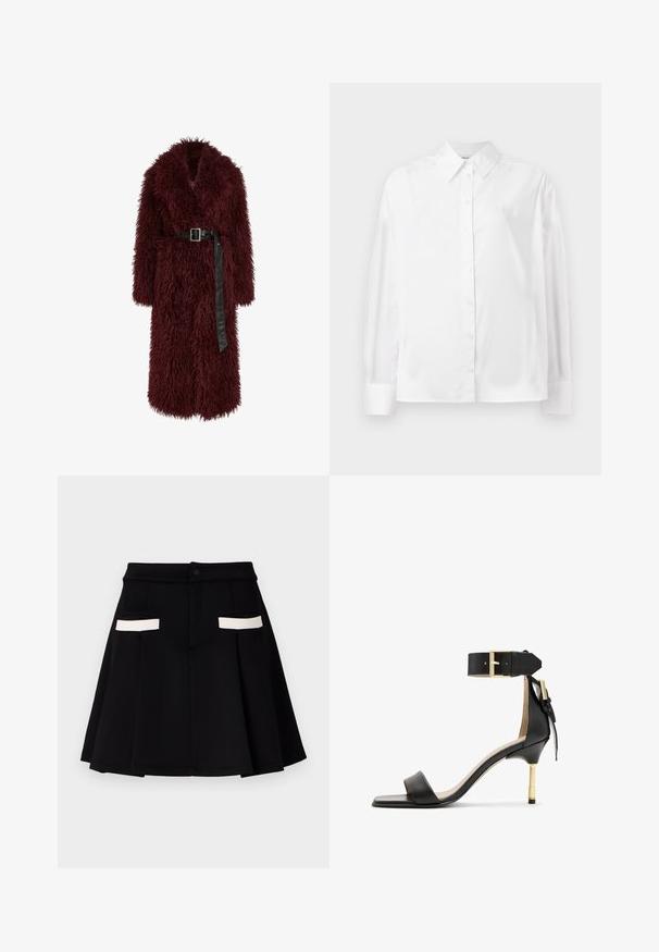 Bordeaux nepbontjasje met een diepe V-hals, lange mouwen en een zwart leren tailleband. Het heeft een fluffy textuur en een lengtemaat tot halverwege de kuit.; Witte langemouwige button-up shirt in een gladde katoenmix. Voorzien van een klassieke kraag, een knoopsluiting aan de voorkant en afgeronde manchetten.; Zwarte rok met een uitlopende design, voorzien van twee voorkruiden met witte accenten, een knoopsluiting en een gladde stoftextuur.; Zwarte leren sandalen met hak en vierkante neus, enkelband met een gouden gesp en een slanke metalen hak. Soepele textuur, minimalistisch ontwerp.
