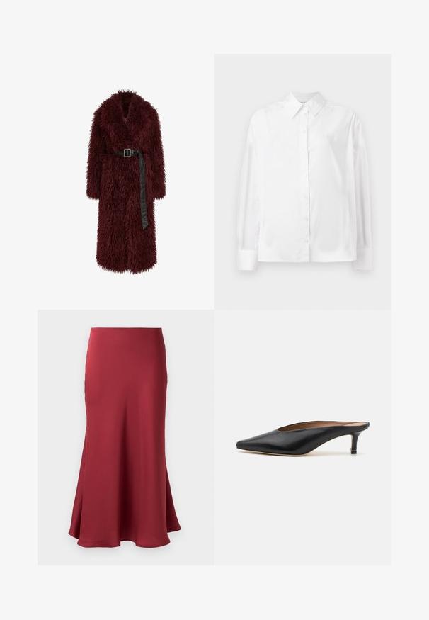 Bordeaux nepbontjasje met een diepe V-hals, lange mouwen en een zwart leren tailleband. Het heeft een fluffy textuur en een lengtemaat tot halverwege de kuit.; Witte langemouwige button-up shirt in een gladde katoenmix. Voorzien van een klassieke kraag, een knoopsluiting aan de voorkant en afgeronde manchetten.; Bordeaux satijnen rok met een gladde textuur, uitlopende silhouette en een zoom die onder de knie valt. Geen zichtbare hardware of patronen.; Zwarte leren muiltjes met een puntige neus en een lage, blokhak. Glad oppervlak met een gestroomlijnd ontwerp. Open achterkant met minimale details.
