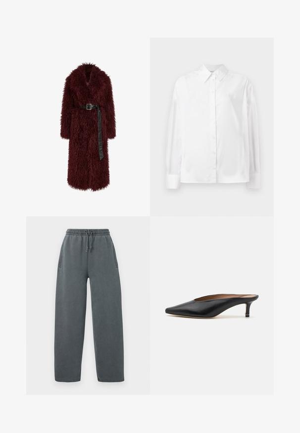 Bordeaux nepbontjasje met een diepe V-hals, lange mouwen en een zwart leren tailleband. Het heeft een fluffy textuur en een lengtemaat tot halverwege de kuit.; Witte langemouwige button-up shirt in een gladde katoenmix. Voorzien van een klassieke kraag, een knoopsluiting aan de voorkant en afgeronde manchetten.; Grijze sweatpants met een elastische tailleband met trekkoord, zijzakken en een relaxte pasvorm. Gemaakt van een zachte, gestructureerde stof.; Zwarte leren muiltjes met een puntige neus en een lage, blokhak. Glad oppervlak met een gestroomlijnd ontwerp. Open achterkant met minimale details.
