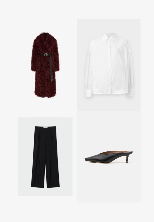 Bordeaux nepbontjasje met een diepe V-hals, lange mouwen en een zwart leren tailleband. Het heeft een fluffy textuur en een lengtemaat tot halverwege de kuit.; Witte langemouwige button-up shirt in een gladde katoenmix. Voorzien van een klassieke kraag, een knoopsluiting aan de voorkant en afgeronde manchetten.; Zwarte wijduitlopende broek van een gladde stof. Heeft een hoge taille, plooien aan de voorkant en een enkellange snit. Minimalistisch ontwerp.; Zwarte leren muiltjes met een puntige neus en een lage, blokhak. Glad oppervlak met een gestroomlijnd ontwerp. Open achterkant met minimale details.