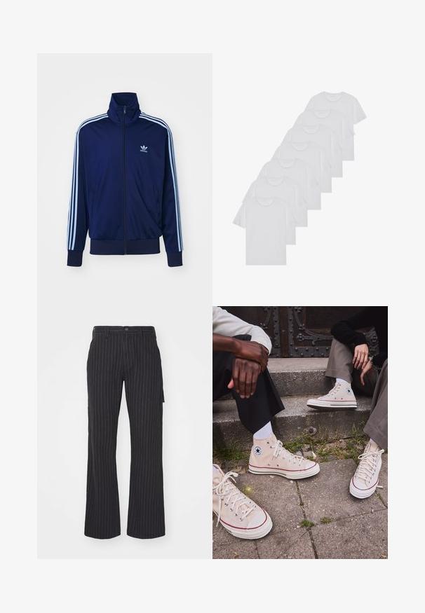 Giacca a zip blu navy realizzata in tessuto morbido, con tre strisce azzurre sulle maniche e un piccolo logo sul petto.; T-shirt bianchi in cotone, maniche corte, design a collo tondo, texture liscia, impilati in fila, con un sottile marchio all'altezza del collo.; Pantaloni a gamba larga a righe nere con frontale piatto, vita alta e tasche laterali, realizzati in tessuto testurizzato, con righe verticali a contrasto.; Sneakers alte in tela beige con striscia rossa, suola in gomma bianca e occhielli metallici, con l'iconico logo a stella sul lato.