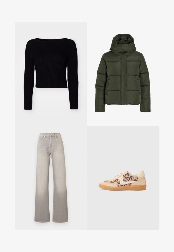 Puffadt, oliva zöld dzseki magas gallérral és kapucnival. Jellemzője a vízszintes varrás, oldalsó zsebek és elülső cipzáras záródás.; Fekete, hosszú ujjú, kötött pulóver bordás textúrával és széles nyakkivágással; körben levágott hosszúság, a hajtókán pedig diszkrét varrási részletek találhatók.; Szürke, bőszárú farmernadrág elhalványodott hatással, gombos záródással, öt zsebes kialakítással és varrással díszített varratokkal.; Leopárdmintás sportcipő bézs velúr felsőrésszel, világosbarna gumitalppal és fehér kiegészítőkkel. Kerek orr, fűzős kialakítás, és textúrázott felület jellemzi.