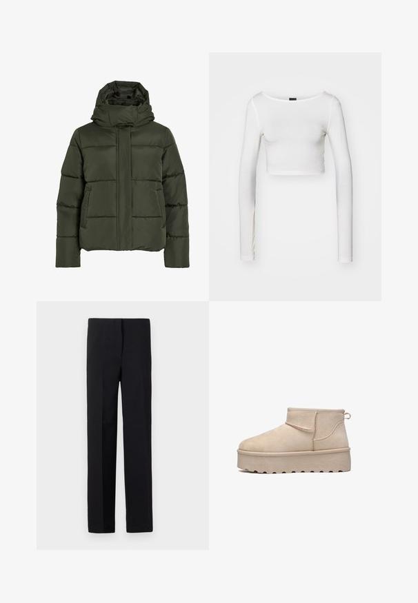 Chaqueta acolchada de color verde oliva con cuello alto y capucha. Presenta costuras horizontales, bolsillos laterales y un cierre frontal con cremallera.; Gina Tricot SOFT TOUCH CROPPED TOP - Camiseta de manga larga - pristine; Pantalones negros ajustados de corte recto, con una textura suave y sin patrones visibles. Cintura estándar y un acabado limpio.; Elara Botas para la nieve - beige