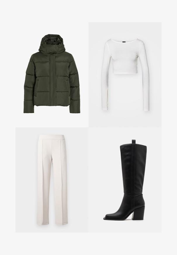 Dikke, olijfgroene jas met hoge kraag en capuchon. Voorzien van horizontale stiksels, zijzakken en een ritssluiting aan de voorkant.; Gina Tricot SOFT TOUCH CROPPED TOP - Longsleeve - pristine; Lichtbeige wijde broek van gladde stof, met een hoge taille, twee voorplooien en een nette, op maat gemaakte afwerking.; Zwarte leren kniehoge laarzen met een vierkante neus, een taps toelopende hak en een verticale naaddetail langs de buitenste schacht. Gladde textuur.