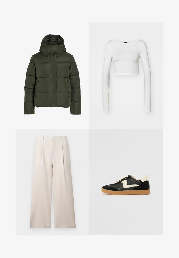 Puffy, olive green jacket with a high collar and hood. Features horizontal stitching, side pockets, and a front zipper closure.; Gina Tricot SOFT TOUCH CROPPED TOP - Long sleeved top - pristine; ONLY ONLLANDO PLEAT CULOTTE PANT - Trousers - pumice stone; Black suede and leather sneaker with a cream side swoosh and light cream heel. Features beige laces and a gum rubber outsole.