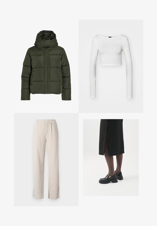 Veste verte olive rembourrée avec un col haut et une capuche. Comprend des coutures horizontales, des poches latérales et une fermeture éclair à l'avant.; Gina Tricot SOFT TOUCH CROPPED TOP - T-shirt à manches longues - pristine; Pantalons larges beiges avec des rayures verticales marines, dotés d'une taille élastique et d'une coupe décontractée. Tissu doux avec une texture subtile.; Chaussures noires en cuir avec un bout arrondi, un épais talon bloc et des accents latéraux élastiques, associées à des bas foncés et une jupe noire avec une fente.