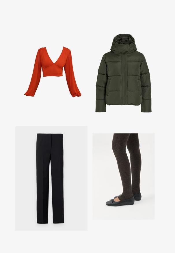 Pufová, olivovo zelená bunda s vysokým golierom a kapucňou. Obsahuje vodorovné švy, bočné vrecká a predný zips.; Červený dlhý rukáv, crop top s hlbokým V-výstrihom a plisovanými rukávmi. Vyrobený z mäkkej, elastickej látky s hladkou textúrou. Žiadne viditeľné vzory.; Čierne, zúžené nohavice so rovnýmm strihom, s hladkým povrchom a bez viditeľných vzorov. Štandardný pás a čisté spracovanie.; Čierne ploché topánky s malou mašľou na špičke, v kombinácii s tmavohnedými rebrovanými pančuchami. Topánky majú hladký povrch a nízky profil.