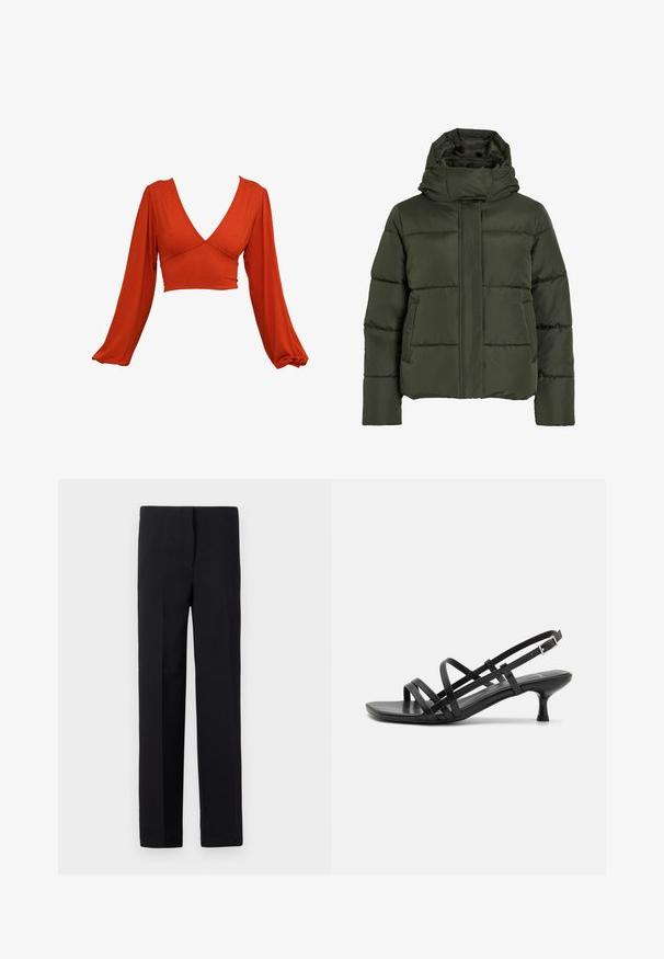 Puffy, olive green jacket with a high collar and hood. Features horizontal stitching, side pockets, and a front zipper closure.; Red long-sleeve crop top with a deep V-neck and pleated sleeves. Made of a soft, stretchy fabric with a smooth texture. No visible patterns.; Black tailored trousers with a straight cut, featuring a smooth texture and no visible patterns. Standard waistband and a clean finish.; Black heeled sandals with multiple crisscross straps. Smooth material, pointed toe, and narrow heel. Adjustable ankle strap with buckle.