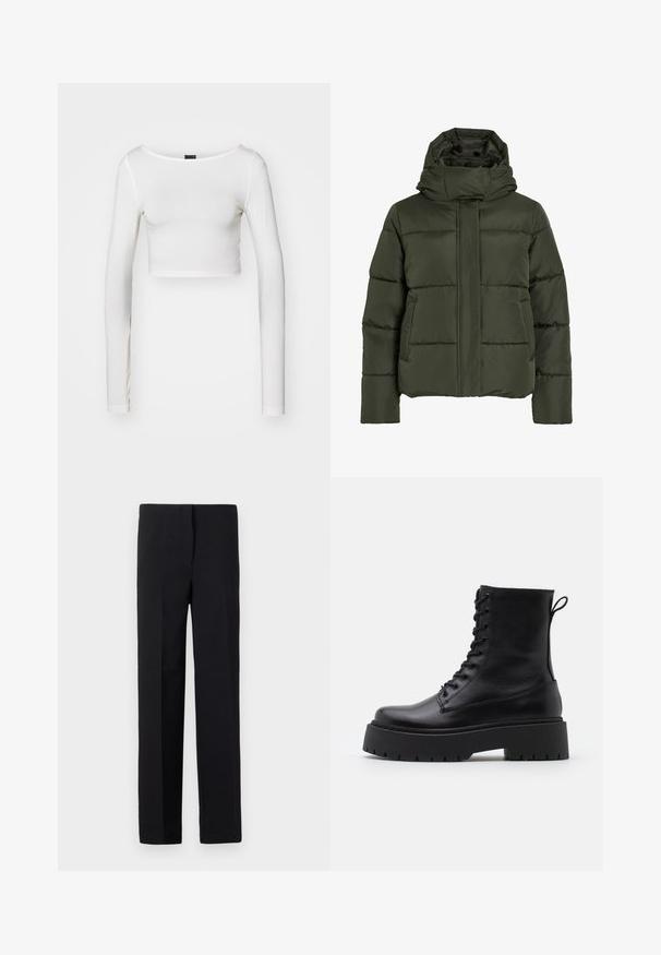 Chaqueta acolchada de color verde oliva con cuello alto y capucha. Presenta costuras horizontales, bolsillos laterales y un cierre frontal con cremallera.; Gina Tricot SOFT TOUCH CROPPED TOP - Camiseta de manga larga - pristine; Pantalones negros ajustados de corte recto, con una textura suave y sin patrones visibles. Cintura estándar y un acabado limpio.; Botas de cuero negras hasta el tobillo con punta redonda, cordones en la parte delantera y una suela de goma gruesa con un dibujo texturizado. Tirador en la parte trasera.