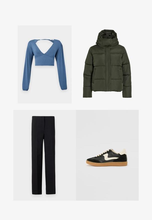 Pufasta, olivnozelena jakna z visokim ovratnikom in kapuco. Ima vodoravno šivanje, stranske žepe in sprednje zadrgo.; Modra dolg rokav s kratico in globokim V-izrezom, nabranimi detajli na prsi in rahlo napihnjenimi rokavi. Gladek, raztegljiv material.; Črni prilagojeni hlače z ravnim krojem, ki imajo gladko teksturo in brez vidnih vzorcev. Standardni pas in čist zaključek.; Črne semiš in usnjene superge s kremasto stransko puščico in svetlo kremasto peto. Imajo bež čipke in gumijast podplat.