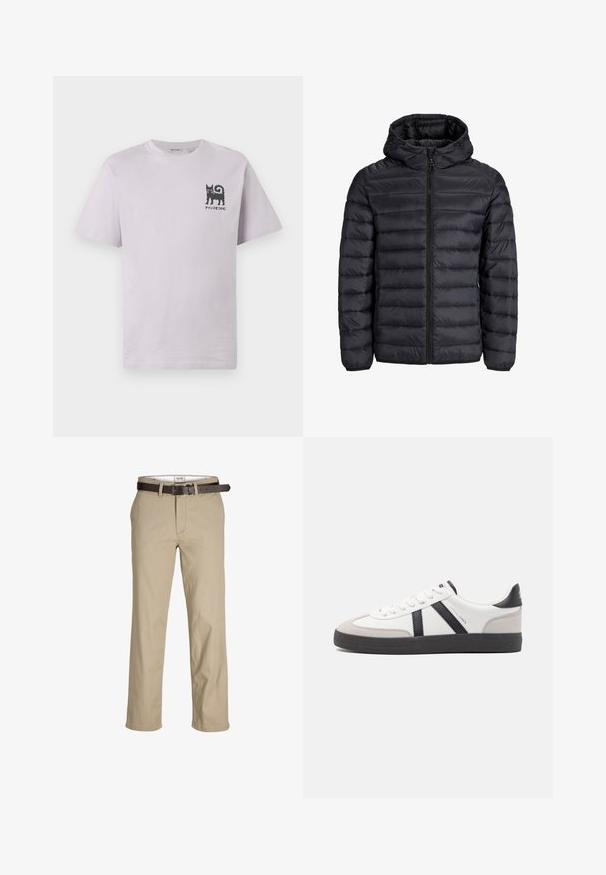 Zwarte pufferjack met capuchon, voorzien van een gestikte ontwerpen, vooraan met rits en elastische manchetten. Gemaakt van lichtgewicht, waterafstotend materiaal.; Grijze lange mouwen crewneck sweatshirt met "SURPLUS DNM" tekst in zwart gedrukt op de borst en een klein wit label nabij de zoom.; Korte mouwen, lichtpaars katoenen T-shirt met een zwart kattenafbeelding en tekst op de linkerkant van de borst. Ronde halslijn en een ontspannen pasvorm.; Beige katoenen broek met een rechte snit, voorzien van riemlussen, een bruine leren riem en een klassiek ontwerp. Soepele, stevige textuur.; Witte sneaker met zwarte en grijze accenten, voorzien van een grijze neus met textuur, zwarte rubberen zool en platte witte veters. Schoon ontwerp, minimalistische stijl.