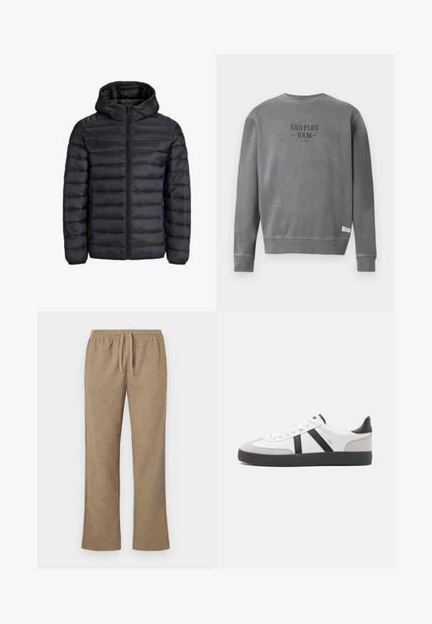 Black puffer jacket with a hood, featuring a quilted design, front zip closure, and elastic cuffs. Made of lightweight, water-resistant material.; Grey long-sleeve crewneck sweatshirt with "SURPLUS DNM" text printed in black on the chest and a small white label near the hem.; Beige pants with a textured pattern, featuring an elastic waistband with drawstring. Straight leg design with slight flared bottom.; White sneaker with black and gray accents, featuring a textured gray toe cap, black rubber sole, and flat white laces. Clean design, minimalist style.