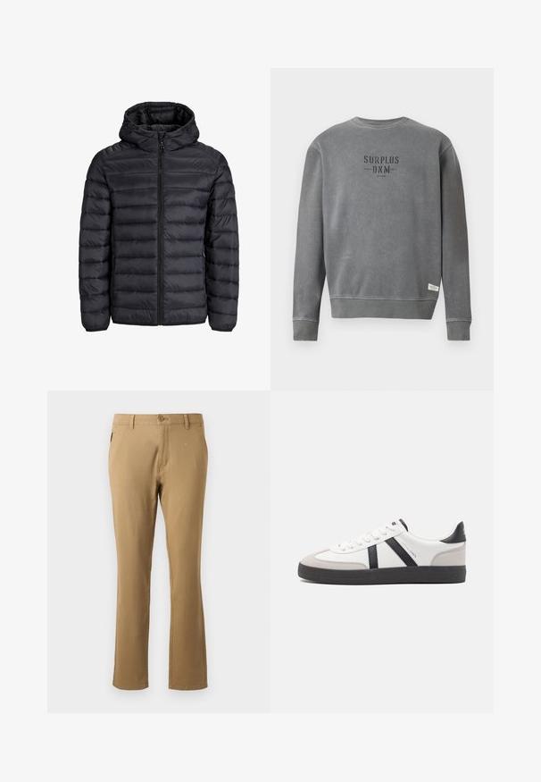 Musta puffatakki hupulla, jossa on tikattu muotoilu, etuvetoketju ja elastiset hihansuut. Valmistettu kevyestä, vedenpitävästä materiaalista.; Harmaa pitkähihaisuus crewneck-huppari, jossa rintapielessä mustalla printattuna "SURPLUS DNM" -teksti ja pieni valkoinen etiketti helman lähellä.; Beige chinos dengan desain kaki lurus, terbuat dari katun, dilengkapi dengan penutupan tombol depan tunggal dan saku samping. Tekstur halus.; Valkoiset lenkkarit mustilla ja harmailla yksityiskohdilla, joissa on teksturoitu harmaa kärki, musta kumipohja ja litteät valkoiset nauhat. Siisti muotoilu, minimalistinen tyyli.