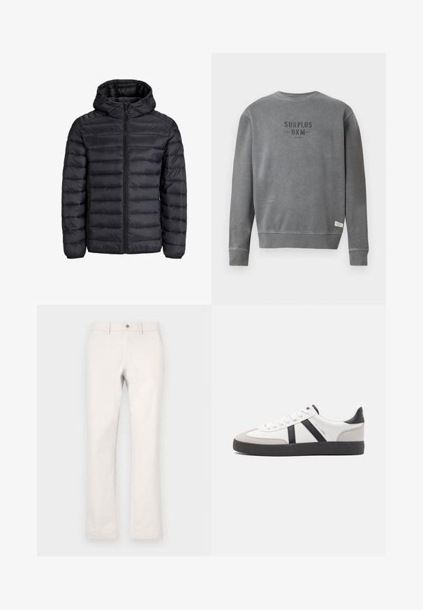 Fekete pufferek, kapucnival, steppelt mintával, elöl cipzárral és elasztikus mandzsettákkal. Könnyű, vízálló anyagból készült.; Szürke, hosszú ujjú, kerek nyakú pulóver, melyen a "SURPLUS DNM" felirat feketével van nyomtatva a mellrészen, és egy kis fehér címke található a szegés közelében.; Világos bézs nadrág, pamutból készült. Egyenes lábakkal, gombos záródással és oldalsó zsebekkel a funkcionalitás érdekében. Az anyag sima tapintású.; Fehér sneaker fekete és szürke részletekkel, textúrált szürke orr résszel, fekete gumitalppal és lapos fehér fűzőkkel. Tiszta dizájn, minimalista stílus.
