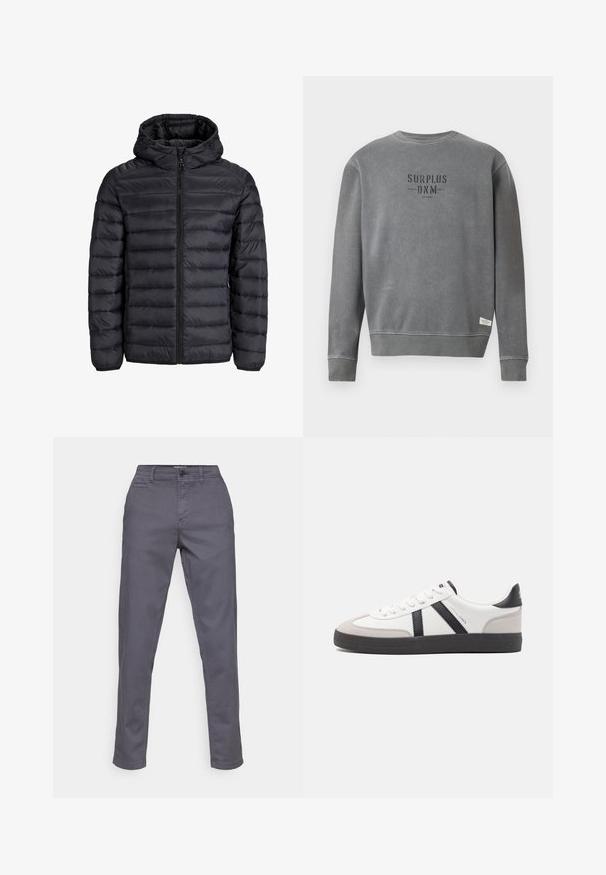 Musta puffatakki hupulla, jossa on tikattu muotoilu, etuvetoketju ja elastiset hihansuut. Valmistettu kevyestä, vedenpitävästä materiaalista.; Harmaa pitkähihaisuus crewneck-huppari, jossa rintapielessä mustalla printattuna "SURPLUS DNM" -teksti ja pieni valkoinen etiketti helman lähellä.; Harmaat puuvillahousut suoran leikkauksen omaavina, joissa on napitus, vyölenkit ja sivutaskut. Sujuva pinta ilman havaittavia kuvioita.; Valkoiset lenkkarit mustilla ja harmailla yksityiskohdilla, joissa on teksturoitu harmaa kärki, musta kumipohja ja litteät valkoiset nauhat. Siisti muotoilu, minimalistinen tyyli.