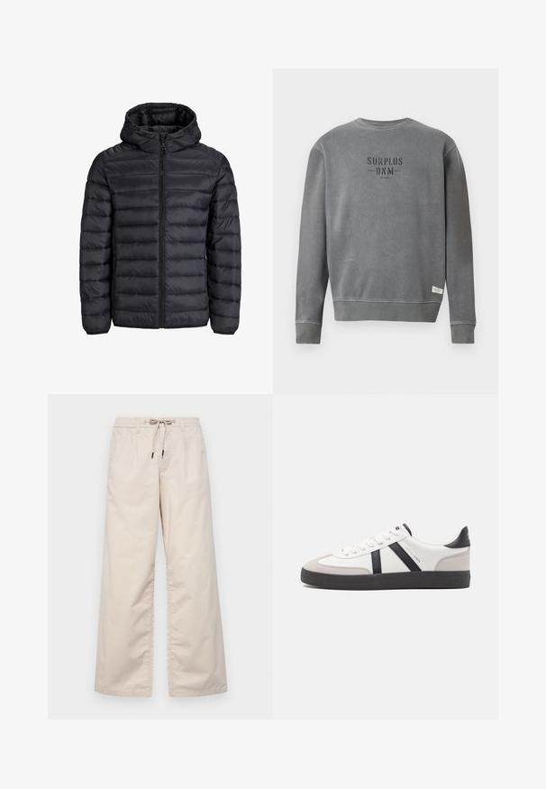 Melnā pūkainā jakā ar kapuci, ar quilted dizainu, priekšējo rāvējslēdzēja aizdari un elastīgām aprocēm. Izgatavota no viegla, ūdensizturīga materiāla.; Pelēks ilgām piedurknēm kreklas ar apvalku, uz kura krūšu daļas melnā krāsā ir uzdrukāts teksts "SURPLUS DNM", un neliela balta birka netālu no hem.; Gai bēšas platās kājas bikses ar elastīgu jostu un auklu. Gluda kokvilnas auduma ar diviem priekšējiem krokām un bez redzamām kabatām.; Baltas sneakeris ar melniem un pelēkiem akcentiem, kuram ir teksturēts pelēks purngals, melna gumijas zole un plakanas baltas šņores. Tīrs dizains, minimālisma stils.