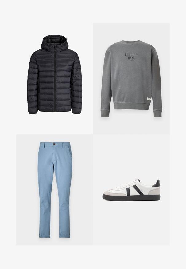 Musthave musta puffjakker, millel on kapuuts, tikandiga disain, esi tõmblukk ja elastsed mansetid. Valmistatud kerge ja veekindlast materjalist.; Hall koosvärvi pika varrukaga crewneck pluus, mille rinnal on musta värvi "SURPLUS DNM" tekst ja allääres väike valge silt.; Heledad sinine püksid, mis on valmistatud kudumiskangast, nuppude sulgemisega ja standardsete taskutega, kitseneva lõikega ja mansettidega allääres.; Valged tossud mustade ja hallide aktsentidega, tekstureeritud halli varbakattega, musta kummitald ja lamedad valged paelad. Puhtad jooned, minimalistlik stiil.