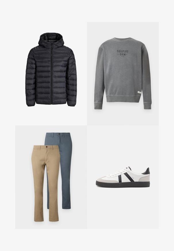 Black puffer jacket with a hood, featuring a quilted design, front zip closure, and elastic cuffs. Made of lightweight, water-resistant material.; Grey long-sleeve crewneck sweatshirt with "SURPLUS DNM" text printed in black on the chest and a small white label near the hem.; Two pairs of straight-leg trousers: one in khaki and one in dark blue. Made of cotton; features a waistband and button closure.; White sneaker with black and gray accents, featuring a textured gray toe cap, black rubber sole, and flat white laces. Clean design, minimalist style.