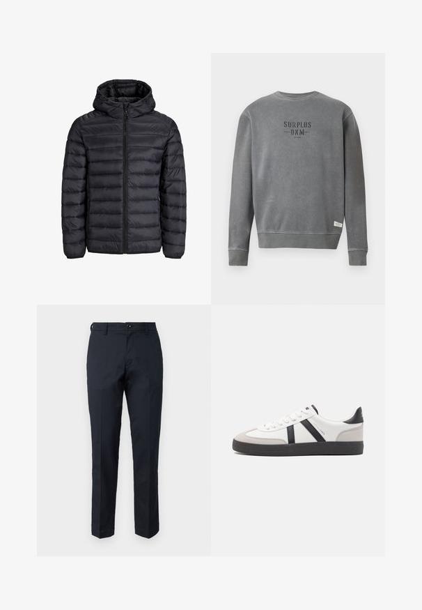 Crna puffer jakna s kapuljačom, s kvadratnim dizajnom, prednjim zatvaranjem na zip i elastičnim manžetama. Izrađena od laganog, vodootpornog materijala.; Sivi dukserica dugih rukava s okruglim izrezom s natpisom "SURPLUS DNM" ispisanim crnom bojom na prsima i malom bijelom etiketom blizu rubnog dijela.; Mornarsko plave hlače od pamuka s ravnim krojem, prednjim džepovima i kopčanjem na dugme. Glatka tekstura, bez vidljivih uzoraka.; Bijele tenisice s crnim i sivim detaljima, s teksturiranim sivim zaštitnikom prstiju, crnim gumene potplate i ravnim bijelim vezicama. Čist dizajn, minimalistički stil.