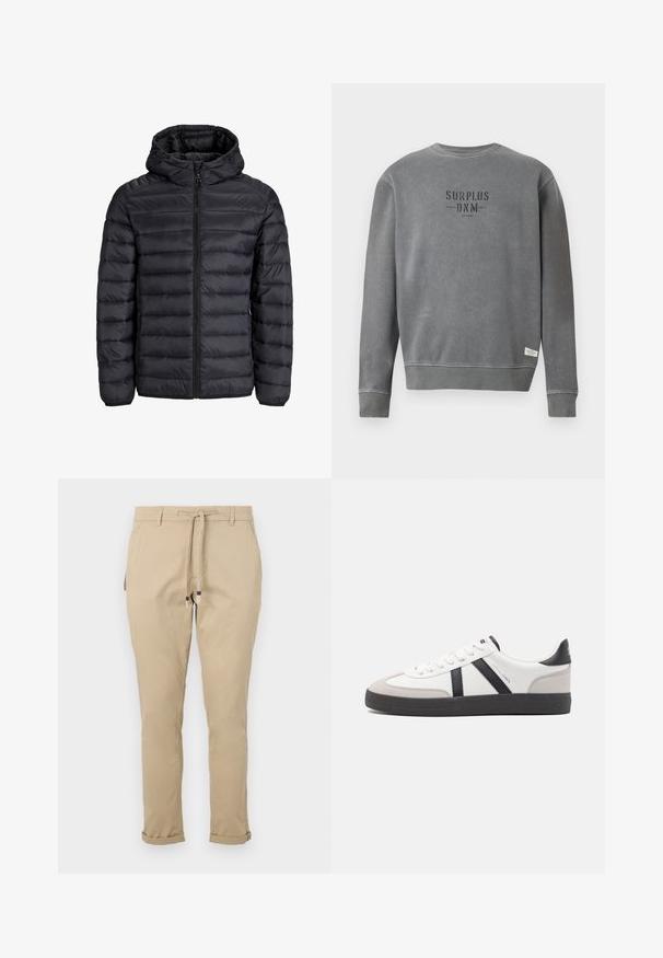 Black puffer jacket with a hood, featuring a quilted design, front zip closure, and elastic cuffs. Made of lightweight, water-resistant material.; Grey long-sleeve crewneck sweatshirt with "SURPLUS DNM" text printed in black on the chest and a small white label near the hem.; Beige drawstring pants with a tapered fit, featuring side pockets and cuffed hems for a streamlined design. Made of lightweight fabric.; White sneaker with black and gray accents, featuring a textured gray toe cap, black rubber sole, and flat white laces. Clean design, minimalist style.