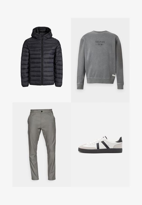 Černá péřová bunda s kapucí, zdobená prošíváním, s předním zipem a elastickými manžetami. Vyrobena z lehkého, vodoodpudivého materiálu.; Šedá dlouhá mikina s kulatým výstřihem a dlouhým rukávem, na prsou je černým písmem vytištěn nápis "SURPLUS DNM" a blízko lemu je malá bílá etiketa.; Šedé kalhoty vyrobené z hladkého materiálu, s zapínáním na knoflík, bočními kapsami a zúženým střihem se šitými detaily.; Bílé tenisky s černými a šedými akcenty, opatřené texturovaným šedým prstovým krytem, černou gumovou podrážkou a plochými bílými tkaničkami. Čistý design, minimalistický styl.