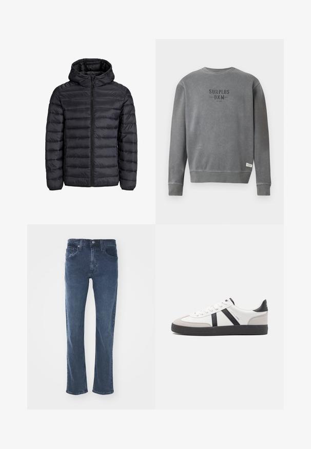 Črna napihljiva jakna s kapuco, z odejmom, sprednjim zadrgo in elastičnimi manšetami. Narejena iz lahkega, vodoodpornega materiala.; Siva dolga majica s kratkimi rokavi crewneck z natisnjenim besedilom "SURPLUS DNM" v črni barvi na prsih in majhno belo oznako blizu roba.; Temno modri kavbojke z ravnim krojem, zasnovo s petimi žepi, subtilnimi šivi in klasičnim pasom z gumbom.; Bela športna obutev z črnimi in sivo akcenti, z teksturirano sivo kapico za prste, črnim gumijastim podplatom in ravnimi belimi vezalkami. Čista zasnova, minimalistični slog.