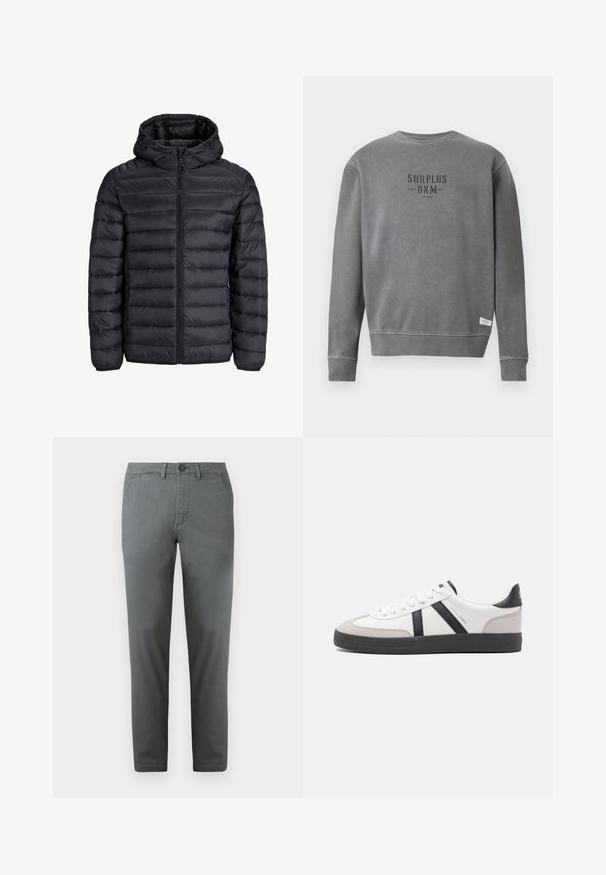 Musta puffatakki hupulla, jossa on tikattu muotoilu, etuvetoketju ja elastiset hihansuut. Valmistettu kevyestä, vedenpitävästä materiaalista.; Harmaa pitkähihaisuus crewneck-huppari, jossa rintapielessä mustalla printattuna "SURPLUS DNM" -teksti ja pieni valkoinen etiketti helman lähellä.; Harmaat puuvillachino-housut, joissa on kapea leikkaus, edessä nappikiinnitys, kaksi sivutaskua ja sileä pinta. Tyylikäs muotoilu.; Valkoiset lenkkarit mustilla ja harmailla yksityiskohdilla, joissa on teksturoitu harmaa kärki, musta kumipohja ja litteät valkoiset nauhat. Siisti muotoilu, minimalistinen tyyli.