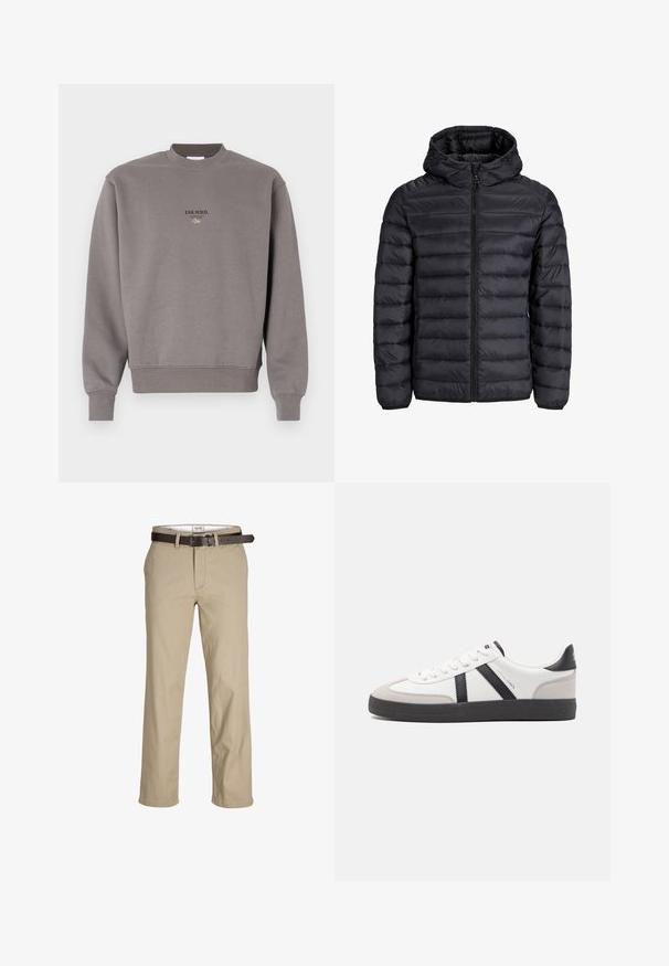 Fekete pufferek, kapucnival, steppelt mintával, elöl cipzárral és elasztikus mandzsettákkal. Könnyű, vízálló anyagból készült.; Szürke pamut pulóver, bordázott kerek nyakkal és mandzsettával, az elülső részén sötét színnel "ESS.WRD." felirattal.; Beige pamut nadrág egyenes szabással, övhurkokkal, barna bőr övvel és klasszikus dizájnnal. Simább, strapabíró textúra.; Fehér sneaker fekete és szürke részletekkel, textúrált szürke orr résszel, fekete gumitalppal és lapos fehér fűzőkkel. Tiszta dizájn, minimalista stílus.