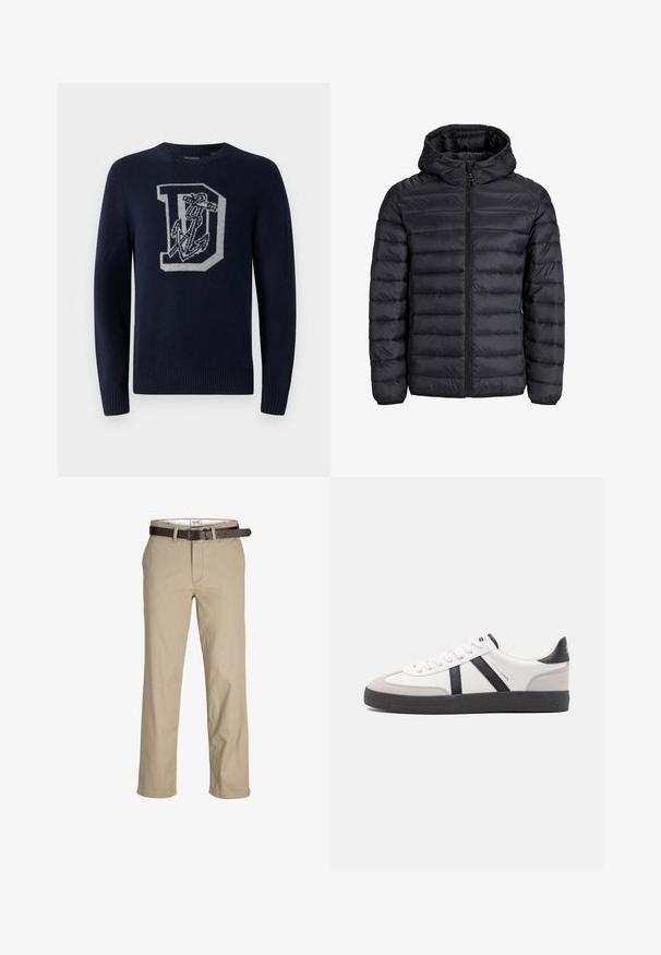Svart puffjakke med hette, med kviltet design, frontlukking med glidelås og elastiske mansjetter. Laget av lett, vannavstøtende materiale.; Mørkeblå strikkegenser med rund hals, med et stort grått 'D' og ankerdesign på forsiden, ribbestrikkede mansjetter og hem.; Beige bomullsbukser med rett kutt, med beltehemper, et brunt lærbelte og et klassisk design. Glatt og solid tekstur.; Hvite sneakers med svarte og grå detaljer, med en teksturert grå tåhette, svart gummisåle, og flate hvite lisser. Rent design, minimalistisk stil.