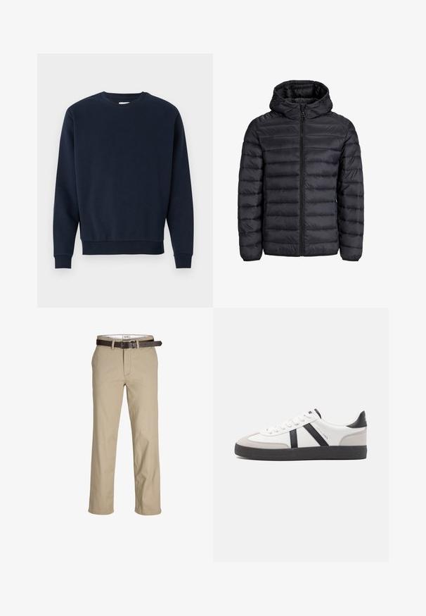 Black puffer jacket with a hood, featuring a quilted design, front zip closure, and elastic cuffs. Made of lightweight, water-resistant material.; Navy blue cotton sweatshirt with a crew neck, long sleeves, and ribbed cuffs and hem. Smooth texture, minimal design, no visible logos.; Beige cotton trousers with a straight cut, featuring belt loops, a brown leather belt, and a classic design. Smooth, sturdy texture.; White sneaker with black and gray accents, featuring a textured gray toe cap, black rubber sole, and flat white laces. Clean design, minimalist style.