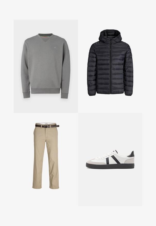 Zwarte pufferjack met capuchon, voorzien van een gestikte ontwerpen, vooraan met rits en elastische manchetten. Gemaakt van lichtgewicht, waterafstotend materiaal.; Grijze sweatshirt met een ronde hals, ribbelboorden en een onderrand. Heeft een subtiele logo-detail op de borst en een gestructureerde stofafwerking.; Beige katoenen broek met een rechte snit, voorzien van riemlussen, een bruine leren riem en een klassiek ontwerp. Soepele, stevige textuur.; Witte sneaker met zwarte en grijze accenten, voorzien van een grijze neus met textuur, zwarte rubberen zool en platte witte veters. Schoon ontwerp, minimalistische stijl.