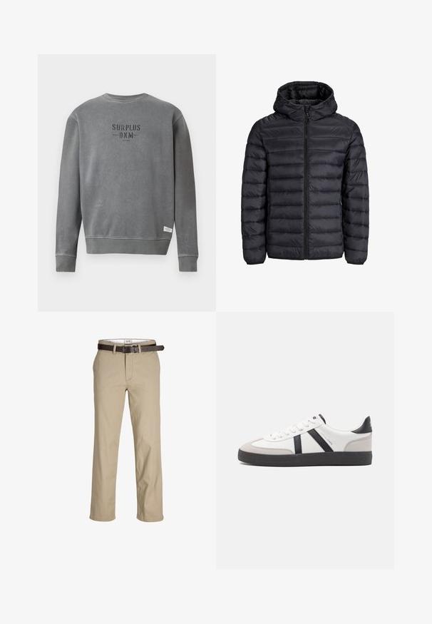 Chaqueta acolchada negra con capucha, presenta un diseño acolchado, cierre frontal con cremallera y puños elásticos. Fabricada con material ligero y resistente al agua.; Sudadera gris de manga larga con cuello redondo, con el texto "SURPLUS DNM" impreso en negro en el pecho y una pequeña etiqueta blanca cerca del dobladillo.; Pantalones de algodón beige de corte recto, con presillas para cinturón, un cinturón de cuero marrón y un diseño clásico. Textura suave y resistente.; Zapatilla blanca con acentos en negro y gris, que presenta una puntera texturizada en gris, suela de goma negra y cordones planos blancos. Diseño limpio, estilo minimalista.